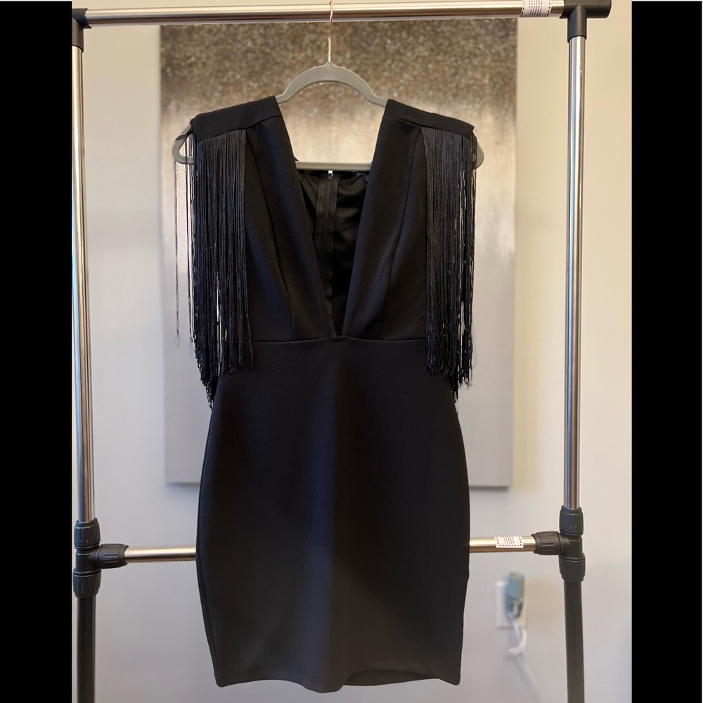 Cowboy Take me Away Dress, Black, Shoulder fringe, V Cut, Stretchy material